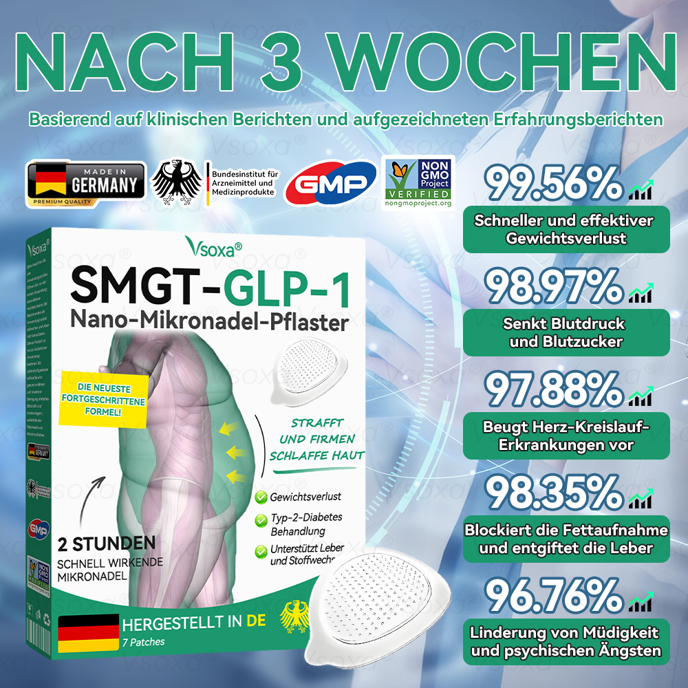 🔥 Letzter Slot verfügbar! ⚡ Jetzt 30 % Rabatt sichern – nur für kurze Zeit! Vsoxa® SMGT-GLP-1 Nano-Mikronadel-Pflaster (Keine Schmerzen, 24/7 Wirkung – verliere schnell bis zu 9 kg, strafft schlaffe Haut, 90 % weniger Heißhunger auf Zucker)